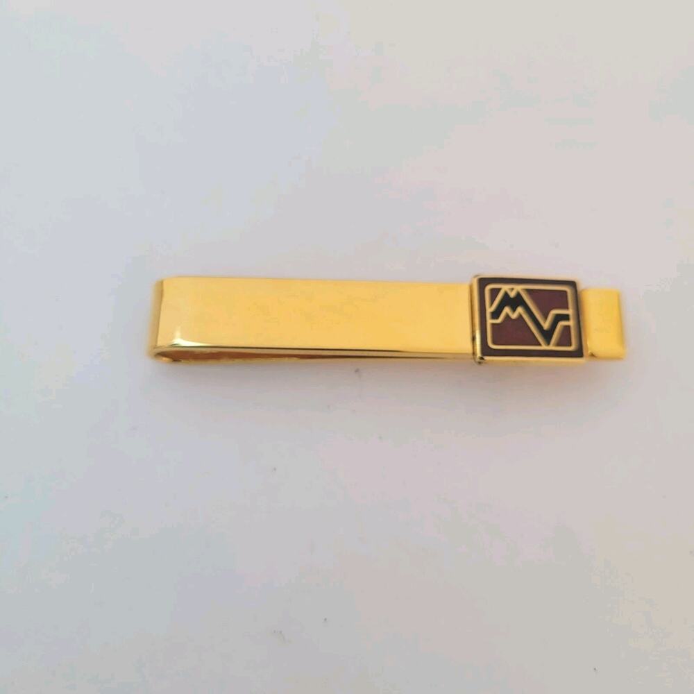 Mario Valentino MV USA Vintage Tack Tie Clasp Clip Bar Gold Red Black Retro Logo